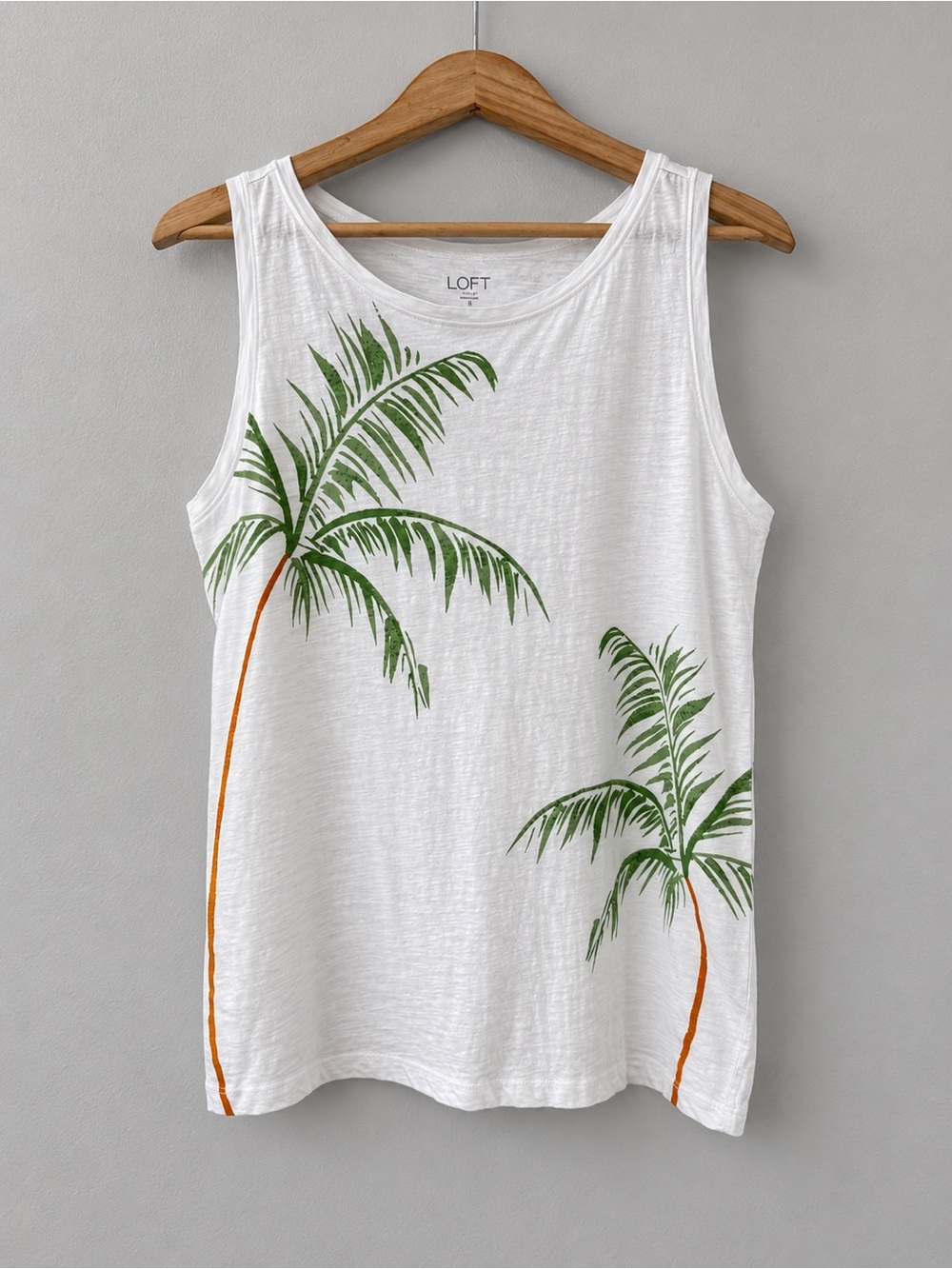 LOFT Women’s White Palm Tree Graphic Slub Tank Top Sleeveless Tropical Resort